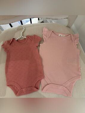 🤍 0~3 Mth Baby Girls' Pink and Dusty Rose Flutter-Sleeve Cotton Bodysuits